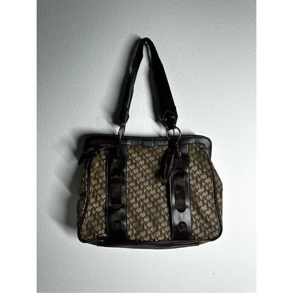 Vintage New York & Co Women’s Canvas Logo Shoulder Bag Brown Satin Ribbon Trim